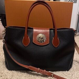 Dooney & Bourke Black and Tan Leather Satchel. Pebble Turnlock Handle Tote 30